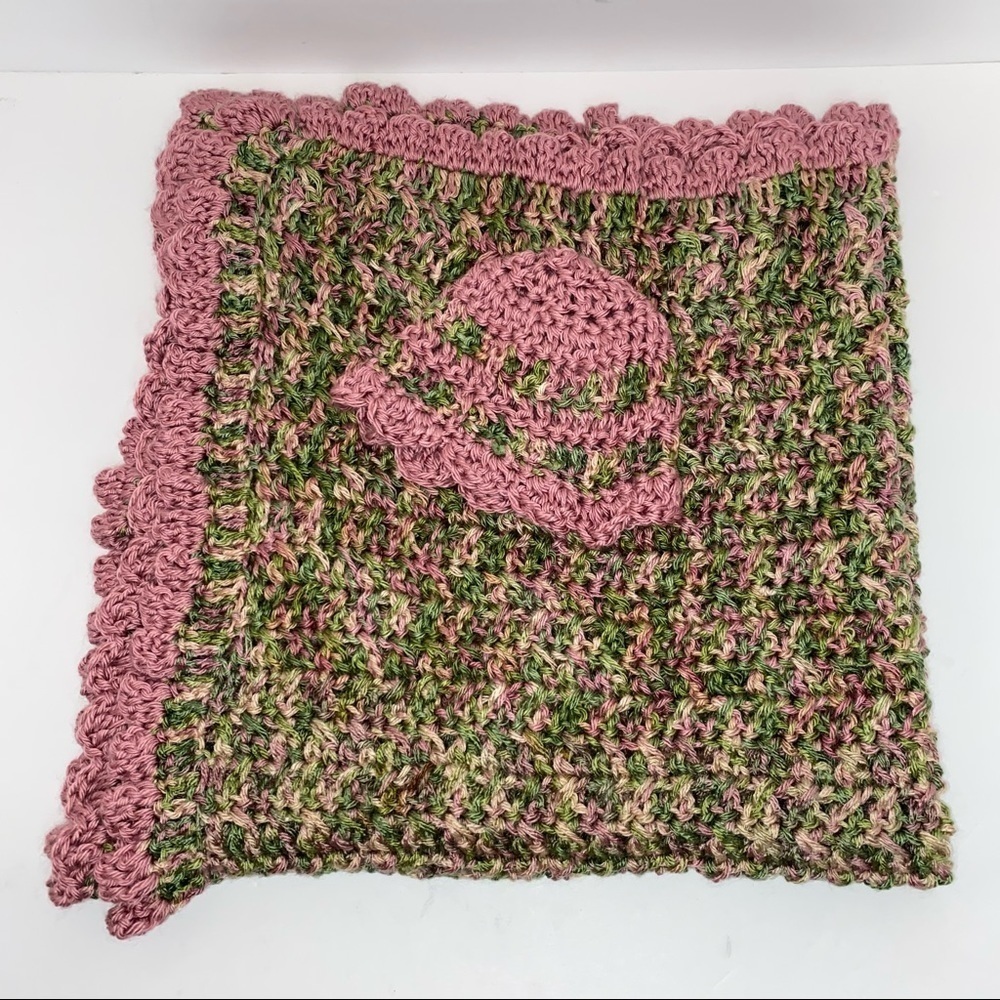 Handmade Matching Baby Green and Pink Cozy Crochet Knit  Blanket and Hat Set - Picture 2 of 8